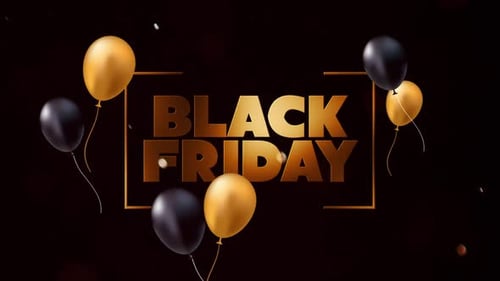Elegant Gold Black Friday Title Reveal with Floating Balloons