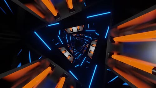 Blue And Orange Neon Glowing Mirrored Triangular Spiral Background Vj Loop In HD