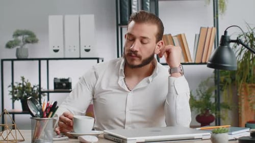 Lebanese Business Man Freelancer at Office Start Working on Laptop Computer Sends Online Messages