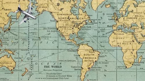 Animated Airplane Flying Over Vintage World Map