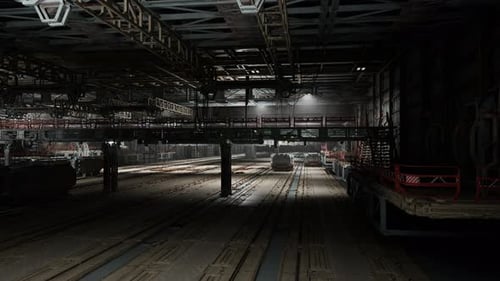 Interior oscuro de un vasto hangar con cajas dispersas y un ambiente ominoso