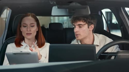 Caucasian Man Buyer Client Choosing Try New Car Test Drive Service Buying Automobile Talking Sitting