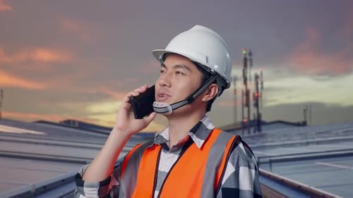 Close Up Side View Of Asian Male Engineer Talking On Smartphone on Solar Rooftop