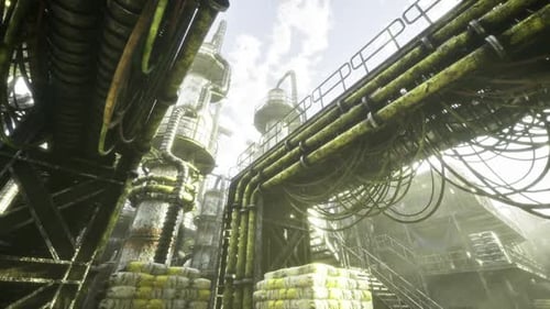 Industrial Underground Tunnels with Tangled Pipes and Colorful Sky Views