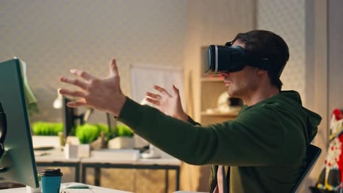 Creative Man Testing Vr Glasses Program Office Closeup Designer Gesturing Hands