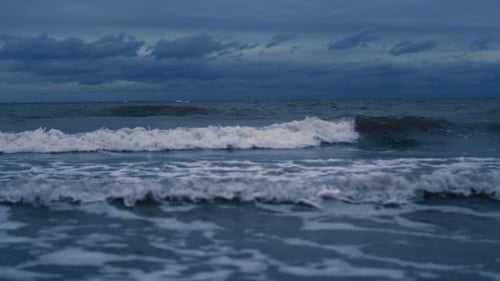Storm Waves Crashing Landscape Background Outside. Grey Ocean Water Thunder Splashing Coast