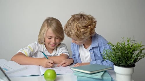Ensino Fundamental Primário, Meninos e Meninas, Irmãos, Estudando na Mesa Escrevendo em Livro e Tablet