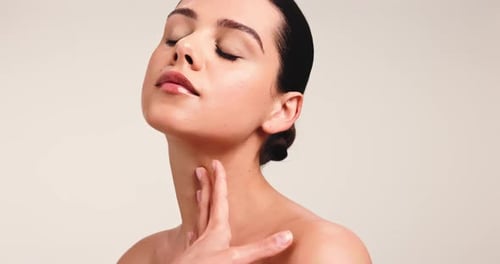 Neck, beauty and skincare with woman in studio for aesthetic, glow and skin wellness