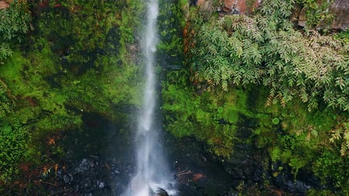 Water Jet Falling Down at Mossy Cliffs Aerial View High Rocks Wild Waterfall