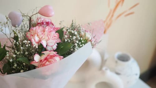 Romantic Bouquet with Flowers and Heart Ornaments