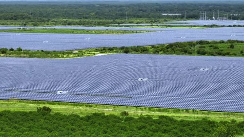 Aerial View of Big Sustainable Electric Power Plant with Many Rows of Solar Photovoltaic Panels for
