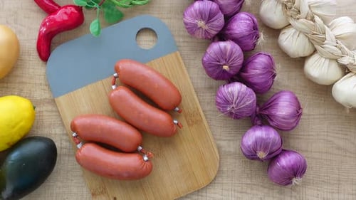 Sausages, Garlic, and Fresh Food Ingredients