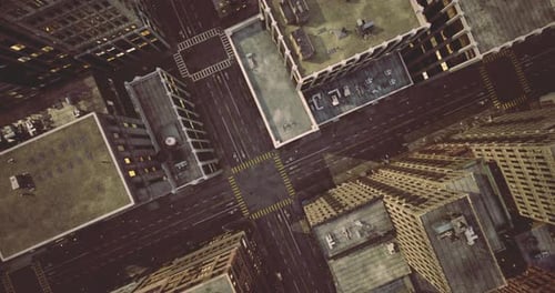High Angle View of Urban City Streets Surrounded By Tall Buildings