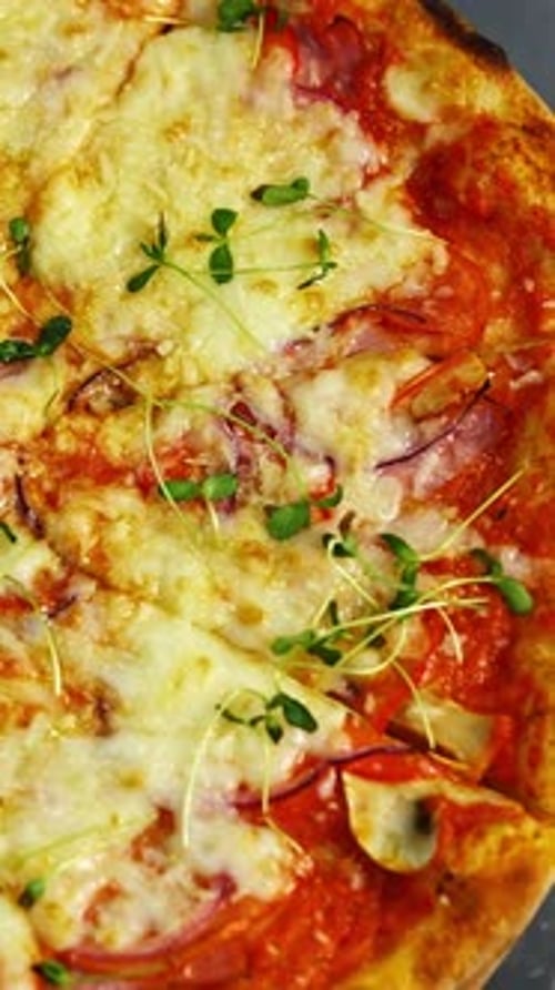 Tasty pizza in restaurant. Fresh round pizza with cheese and green sprouts on top rotating