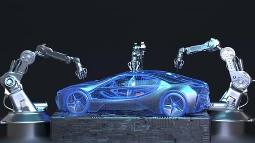 Bras robotiques travaillant dans une usine lumineuse pour assembler des batteries automobiles