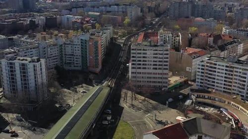 Aerial view of buildings and train tracks, Germany.