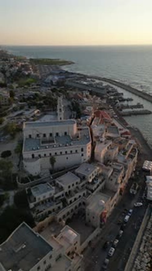 Aerial video over the old city of Jaffa during sunset