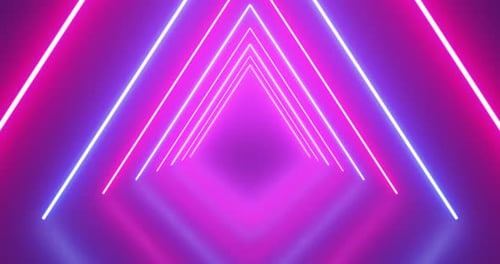 Neon glowing triangle tunnel with blue light lines moving fast. Background futuristic corridor