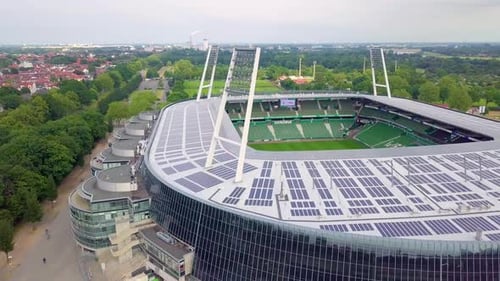 Aerial view showing empty famous Weser stadium of Werder Bremen, German professional Football Soccer