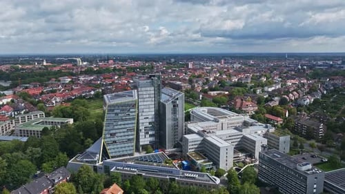 Aerial drone view of Modern architecture buildings in Münster , Germany