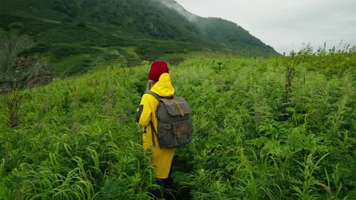 Excursão turística ou expedição científica na natureza Mulher caminhando nas montanhas na costa do oceano