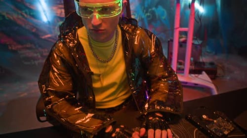Un hacker cyberpunk portant des lunettes intelligentes vole des données sur un ordinateur dans une pièce noire