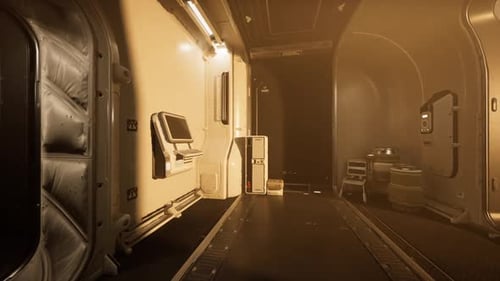 Intérieur d'un couloir de station spatiale avec équipements et zones de stockage