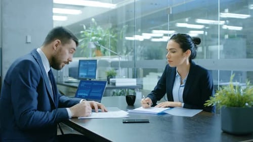 Business Meeting in Modern Office, Contracts and Data