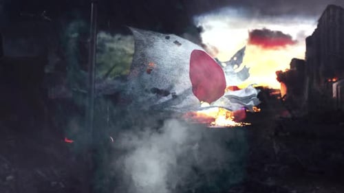 Grunge Distressed Japanese Flag Waving in War-Torn City