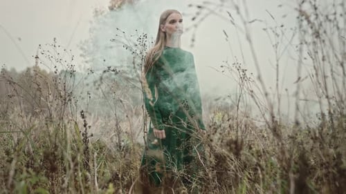 Model gracefully posing in a field surrounded by enchanting smoke