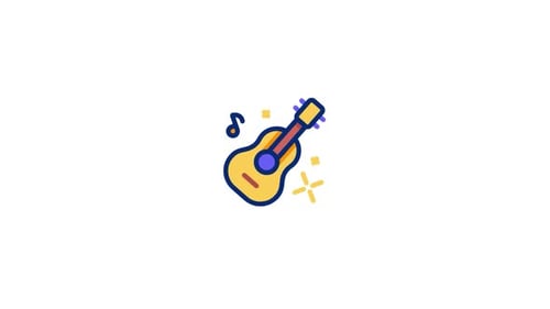 Animated Music Icon of a Guitar with Notes and Sparkles