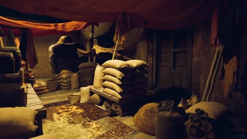 Rustic Market Stall with Grain Sacks and Merchant