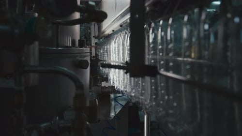 Row of Empty Plastic Bottles Moving on Conveyor at Water Bottling Factory