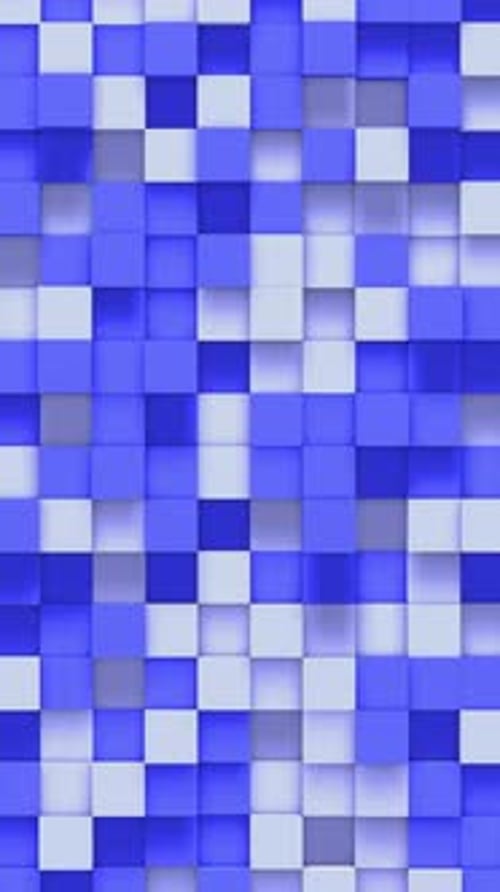 Blauer kleiner Boxwürfel mit zufälligem geometrischem Hintergrund