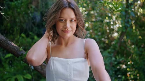 Closeup Woman Touching Hair Posing Forest Portrait Sensual Model in Jungles