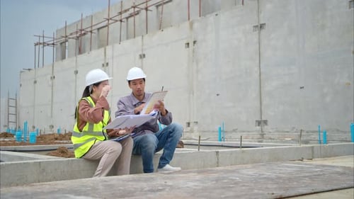 Un grupo de ingenieros y arquitectos inspecciona y supervisa la construcción de las paredes de los edificios