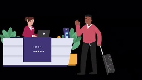 Tourist Or Traveller People Standing At Desk In Hotel Lobby 4K On Alpha Channel