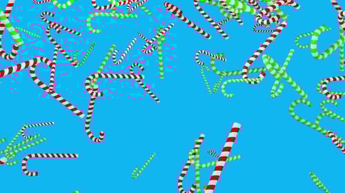 Falling dawn candy cane isolated on blue background 3d render. Green and red candy cane drops