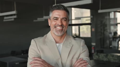 Confident Happy Older Business Man Standing in Office Arms Crossed Portrait