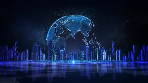 Futuristic Smart City Skyline Digital Earth Global Network Glowing Digital Earth Globe Global Data