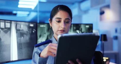 Tablet, Wachmann oder Frau mit CCTV-Bildschirm in der Nacht oder wenn sie an Sicherheit denkt