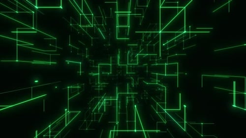 Green Neon Wireframe Acceleration Through Digital Tunnel. Looped 3D rendering