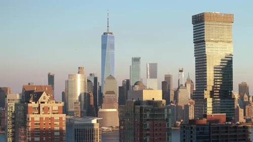 Aerial view of the World Trade Center at dusk