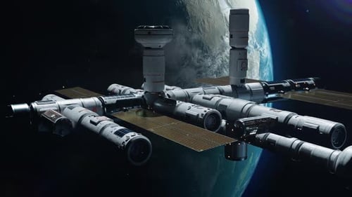 A new space station in space orbiting the Earth. a concept on the theme of space exploration