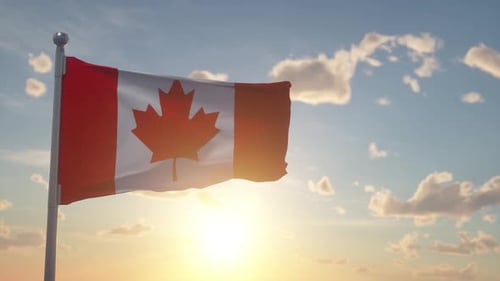 Canadian Flag Waving Animation with Sunny Sky Background