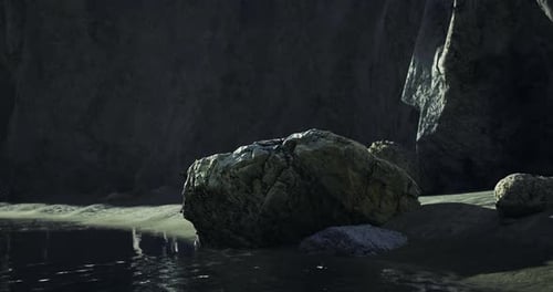 Rock Formation Near Water Along a Serene Secluded Shore at Dusk