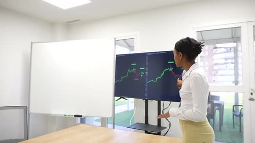 Teaching trading and finances. Black business African teacher woman presenting a trading view graphi