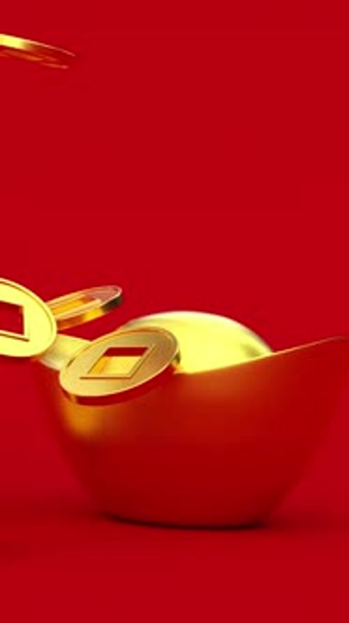 Falling gold Chinese coins and yuanbao ingot
