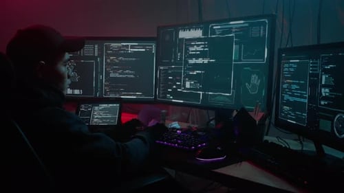 Coder Working on Multiple Computer Screens in Dark Room