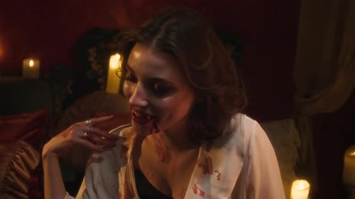 Menacing Vampire Woman Smiling, Covered in Blood